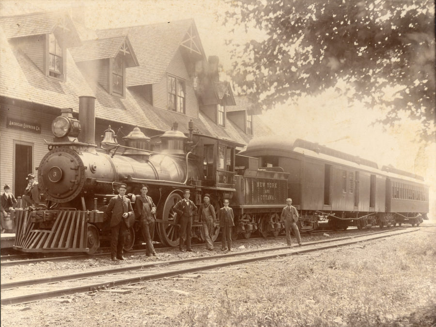Adirondack & St. Lawrence Railroad train and employees in De Kalb