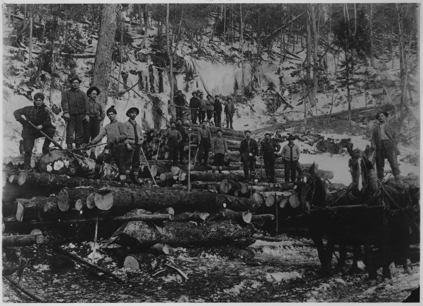 A group of lumberjacks with logs in Tupper Lake
