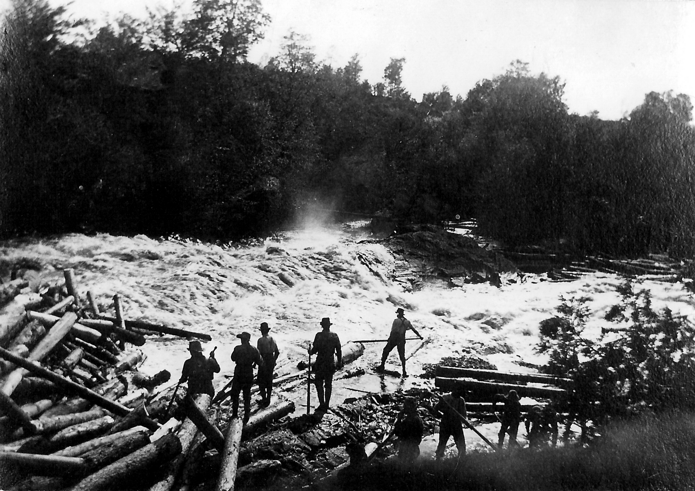 Five loggers on a log jam in the Adirondacks