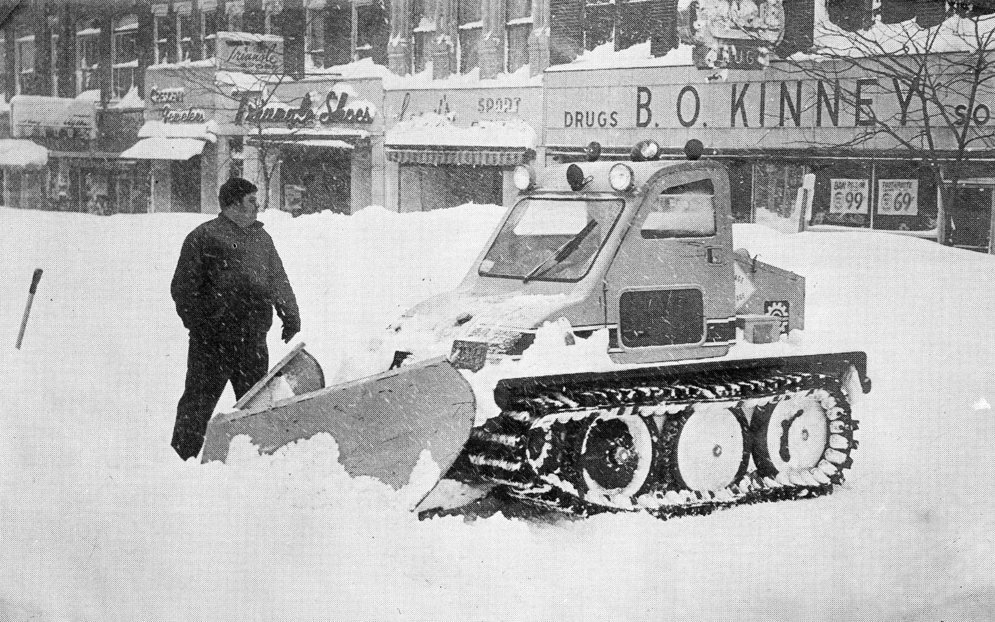 Snowplowing after 1977 blizzard in downtown Carthage