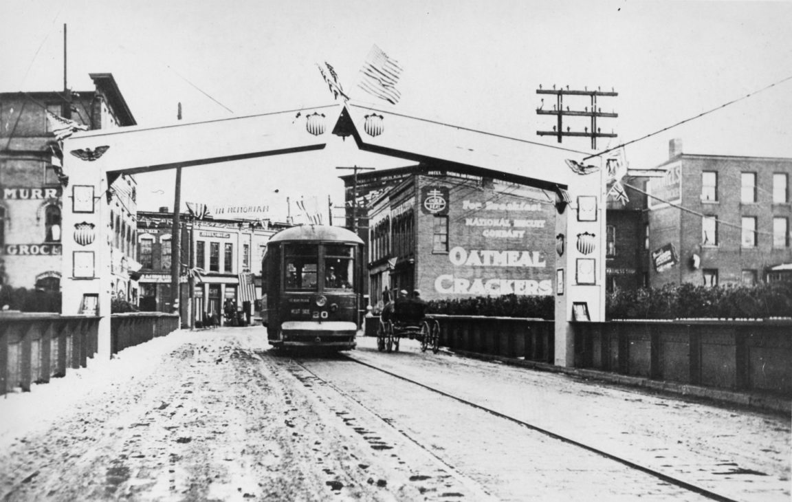Trolley on a bridge across the Oswegatchie River in Ogdensburg