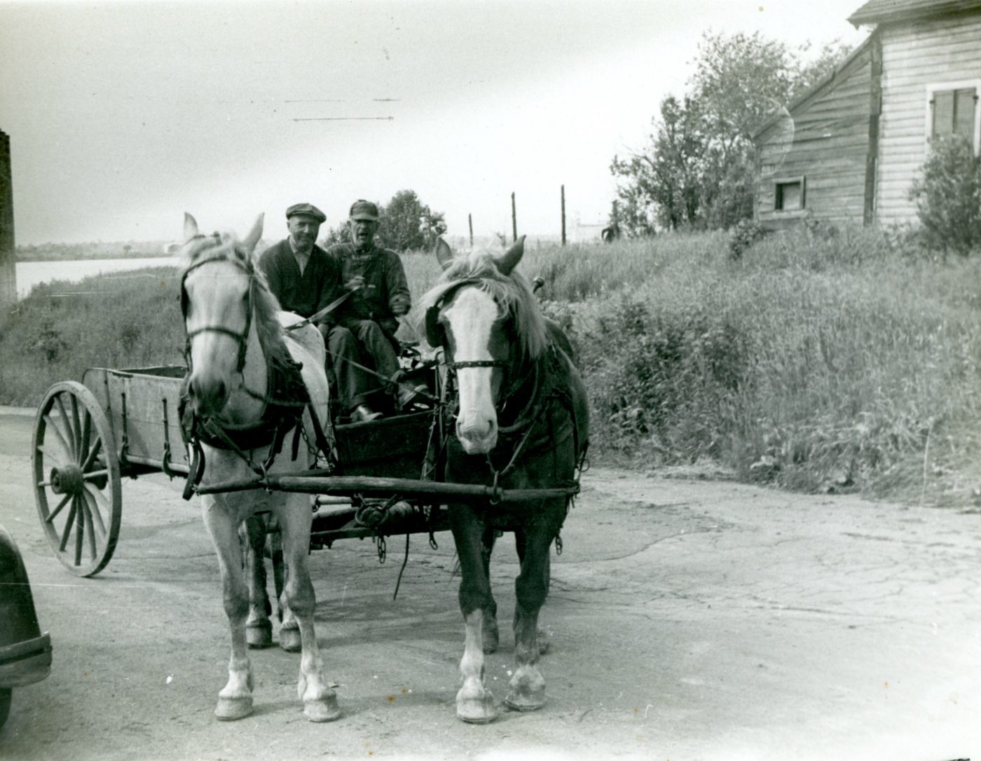Men driving a horsedrawn wagon in Ogdensburg
