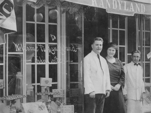 Kandyland storefront with proprietors John and Mary Costes in Carthage