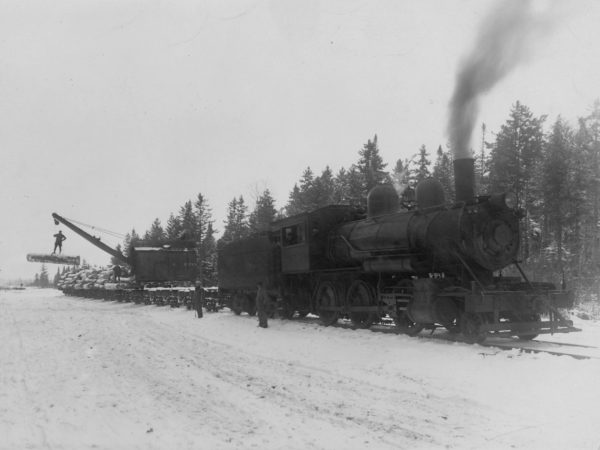 Grasse River Railroad with log loader in Cranberry Lake