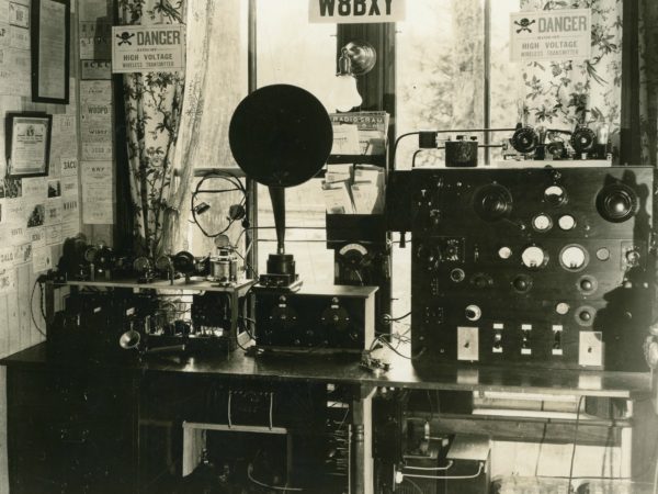 Inside Parson’s radio station broadcast room (W8B7Y) in Old Forge