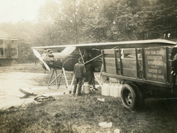 Seaplane preparing for fish stocking in Eagle Bay