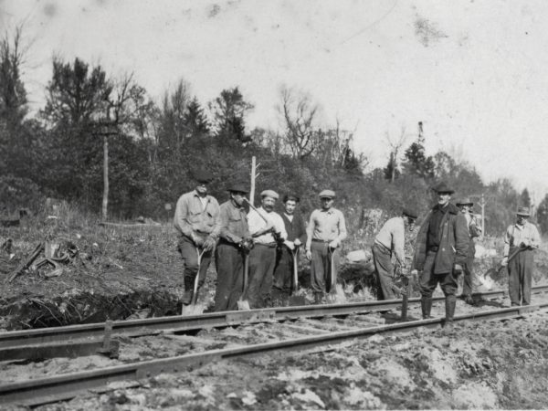 Railroad track repair crew on the Fulton Chain tracks in the Town of Webb