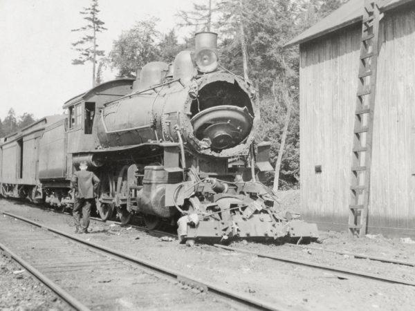 Damaged engine at the station in Raquette Lake