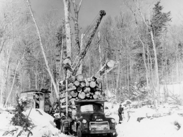 Strife’s logging operation loading logs onto GMC truck in the Town of Webb