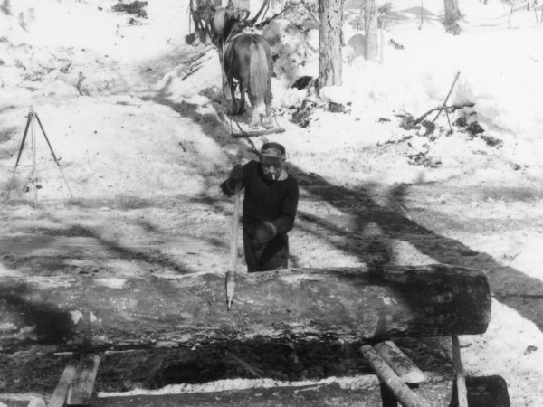 Stacking logs for Clarence J. Strife’s logging operation in the Town of