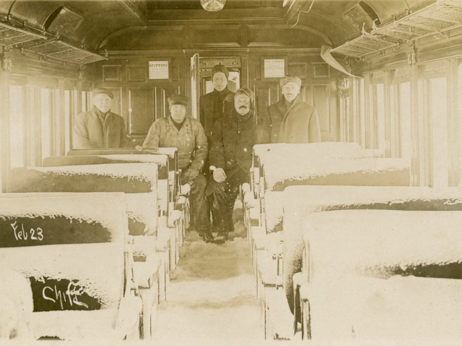 A collision between a passenger train and a snow plow in De Kalb Junction