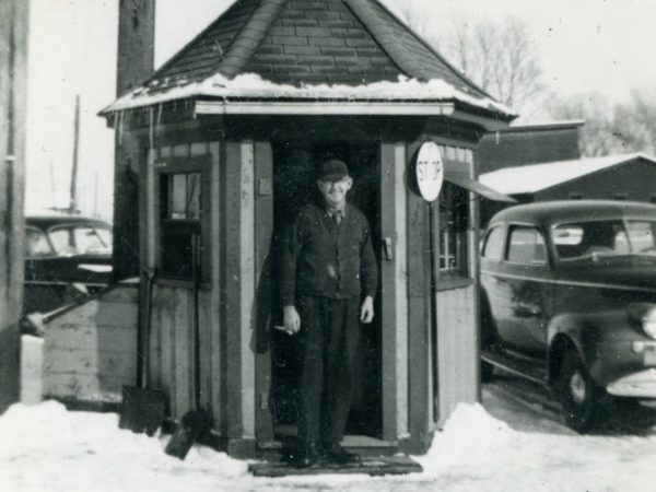 A flagmen in front of his office in De Kalb Junction