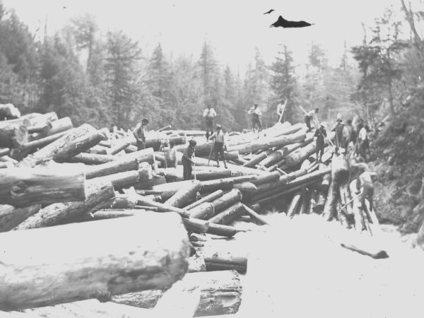 Loggers breaking up a log jam on the Grasse River in Pyrites