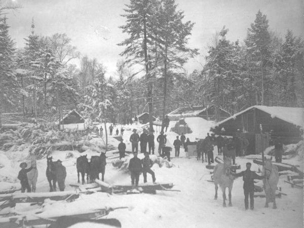 Lumber camp under snow in Clare Township