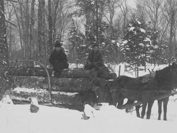 Loggers sitting atop pile of logs in Canton