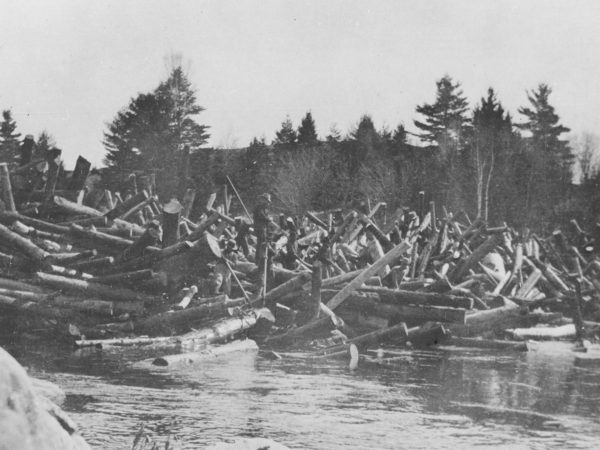 Loggers amidst a log jam on the Racquette River in Colton