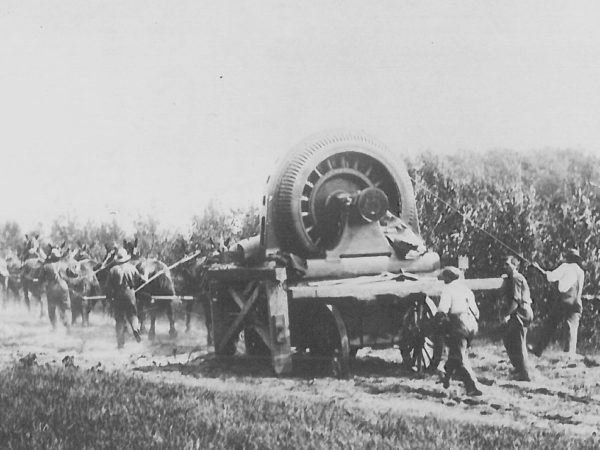 Generator being moved with an eight-horse team in Oswegatchie