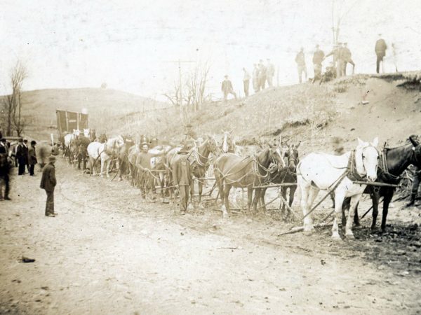 9 teams of horses transporting a generator in Nicholville