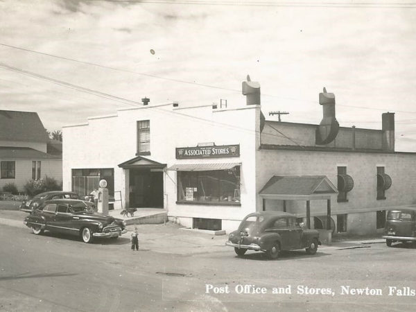 Post Office, stores, and gas pump in Newton Falls