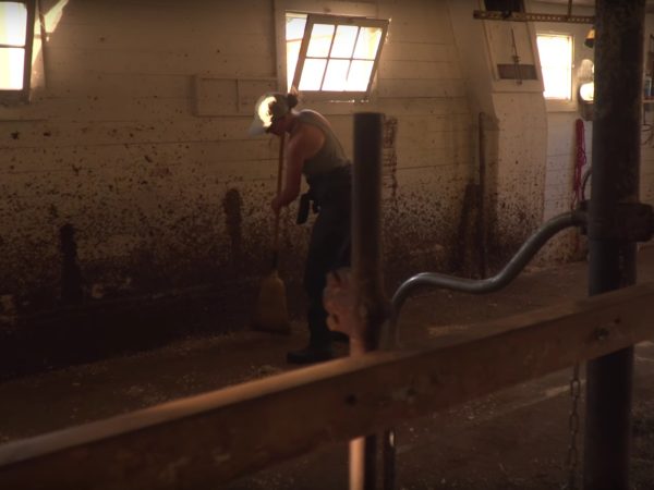 Sweeping the Sugar House Creamery barn in Upper Jay