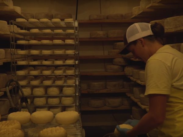 Margot Brooks washing cheeses inside the Sugar House Creamery cheese cave in Upper Jay