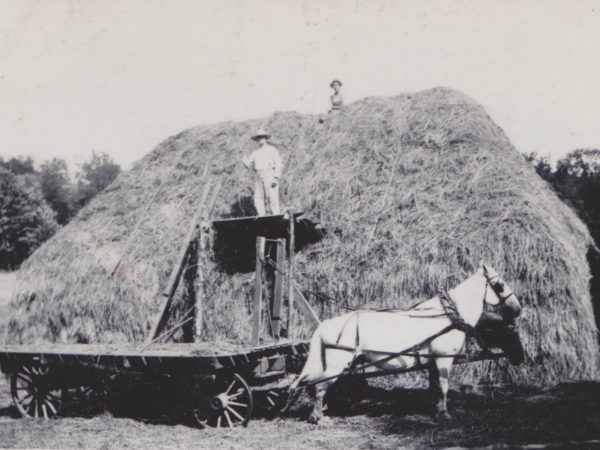 MacIntyre men pose with the largest haystack ever built in Gouverneur