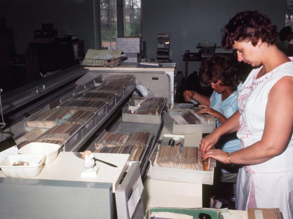 Filing checks by hand at the Champlain National Bank in Willsboro