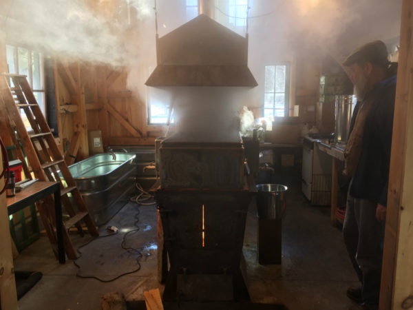 Michael Greer watching his maple syrup evaporator in Potsdam