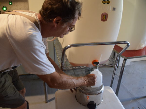 Martin Bregg fills a bottle with apple cider from a press in Norfolk