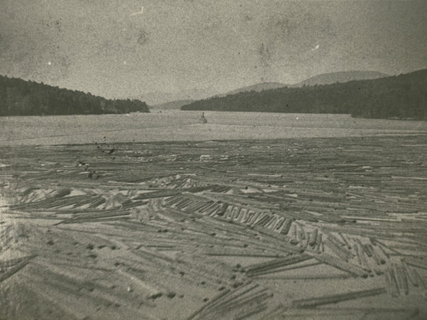 Log boom being towed by steamboat in Long Lake