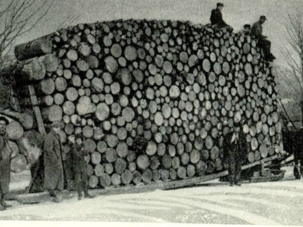 Seven men with huge load of pulpwood on a sled in the Adirondacks