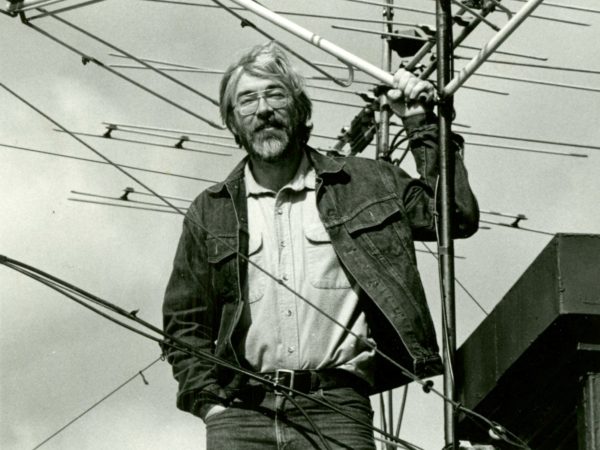 NCPR engineer Bob Sauter on the roof of Payson Hall in Canton