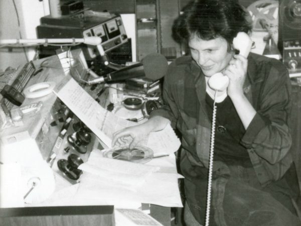 Station manager Ellen Rocco makes a phone call at NCPR in Canton