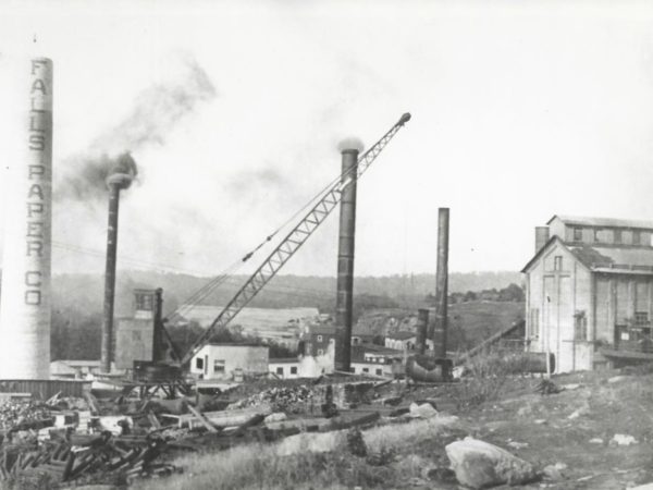 Paper mill chimney under construction in Newton Falls