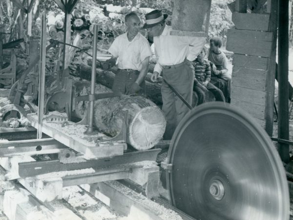 Two men cutting logs at the Hayes Sawmill in Cranberry Lake