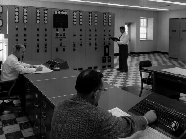 Workers in a control room at Brown Bridge in Pierrepoint