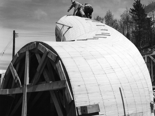 Carpenters constructing a draft tube at the South Colton hydro-electric plant