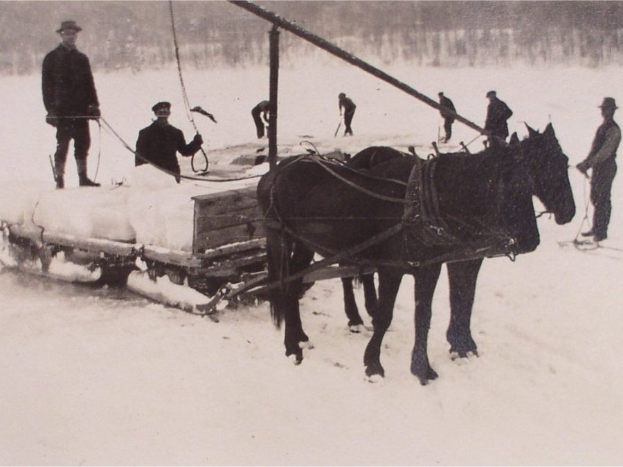 Cutting ice on a lake in the Adirondacks