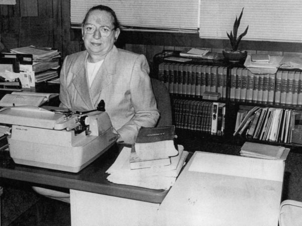 Donna Hansen at her desk in the Carthage Republican Tribune in Carthage