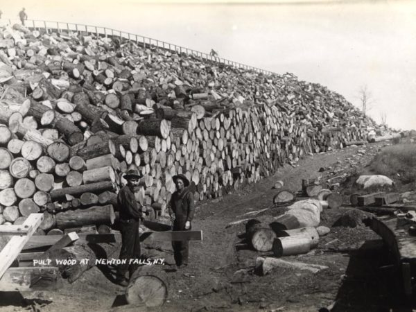 Two men in front of a pulpwood stack in Newton Falls