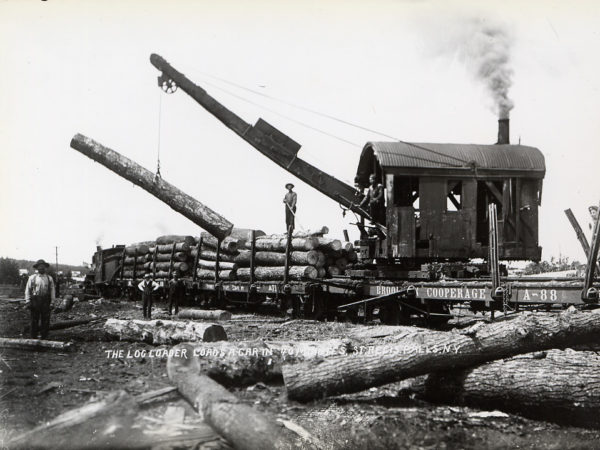 Brooklyn Cooperage hoist loads logs onto flatbed rail cars in St. Regis Falls