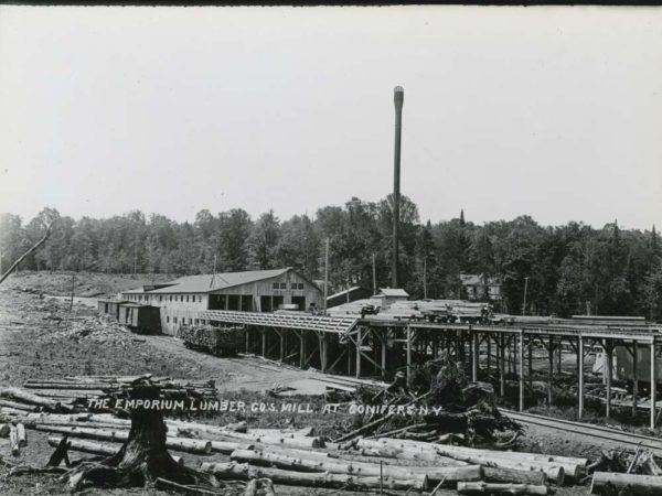 Mill and elevated train tracks of the Emporium Lumber Company in Conifer