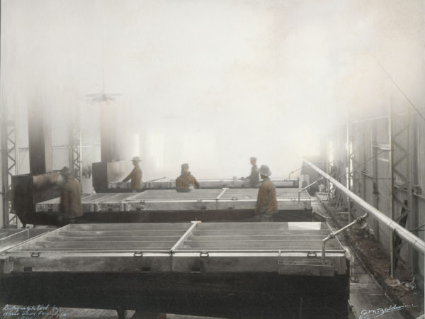 Inside one of the Horseshoe Forestry Company’s sugarhouses in Piercefield