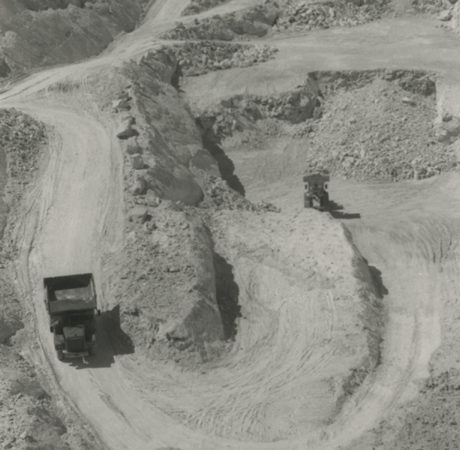 Dump truck winding its way into the quarry at the talc mine in Balmat