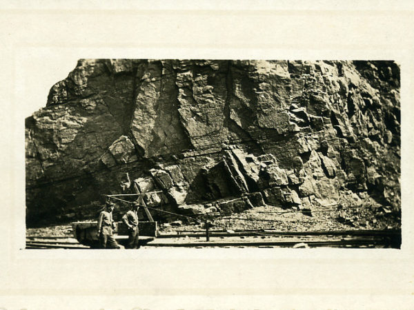 North River Garnet Company miners with ore cart in North River