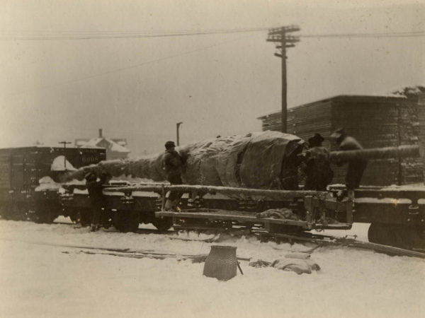 Loading the Times Square Christmas tree onto a train bound for New York City in Thendara