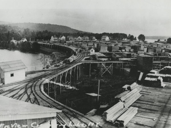 Bird’s eye view of the Grasse River Railroad and massive lumber yards in the village of Cranberry Lake