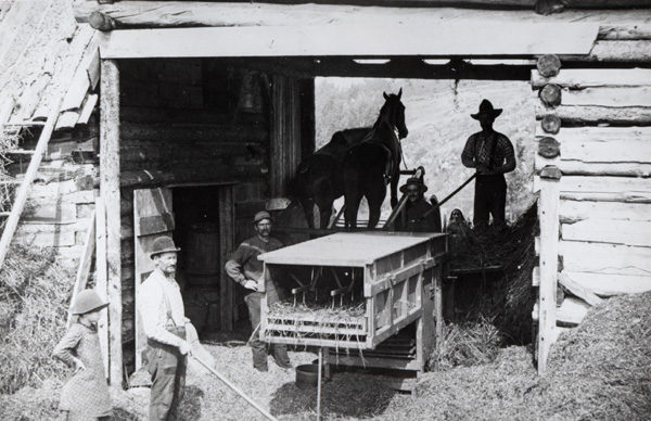 Men with a horse-powered threshing machine in Johnsburg