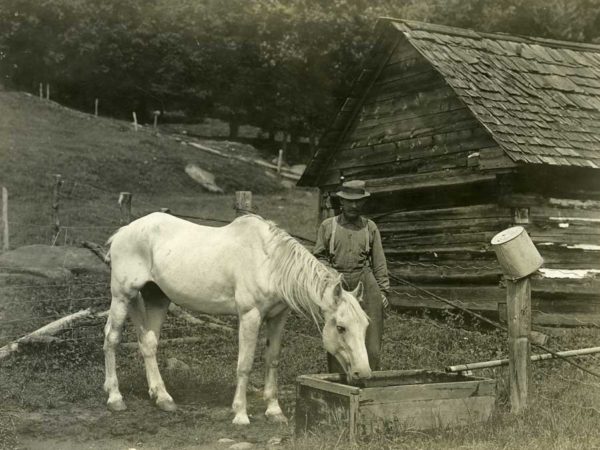 William Schoonmaker with his horse at the watering trough on the Griffin Farm in Indian Lake