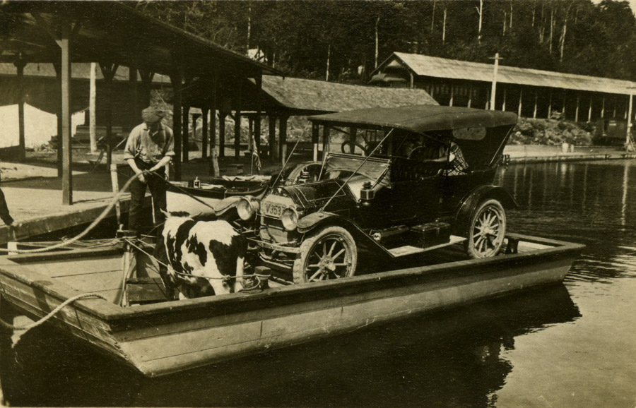 Men and horse on a cable ferry across the Hudson River